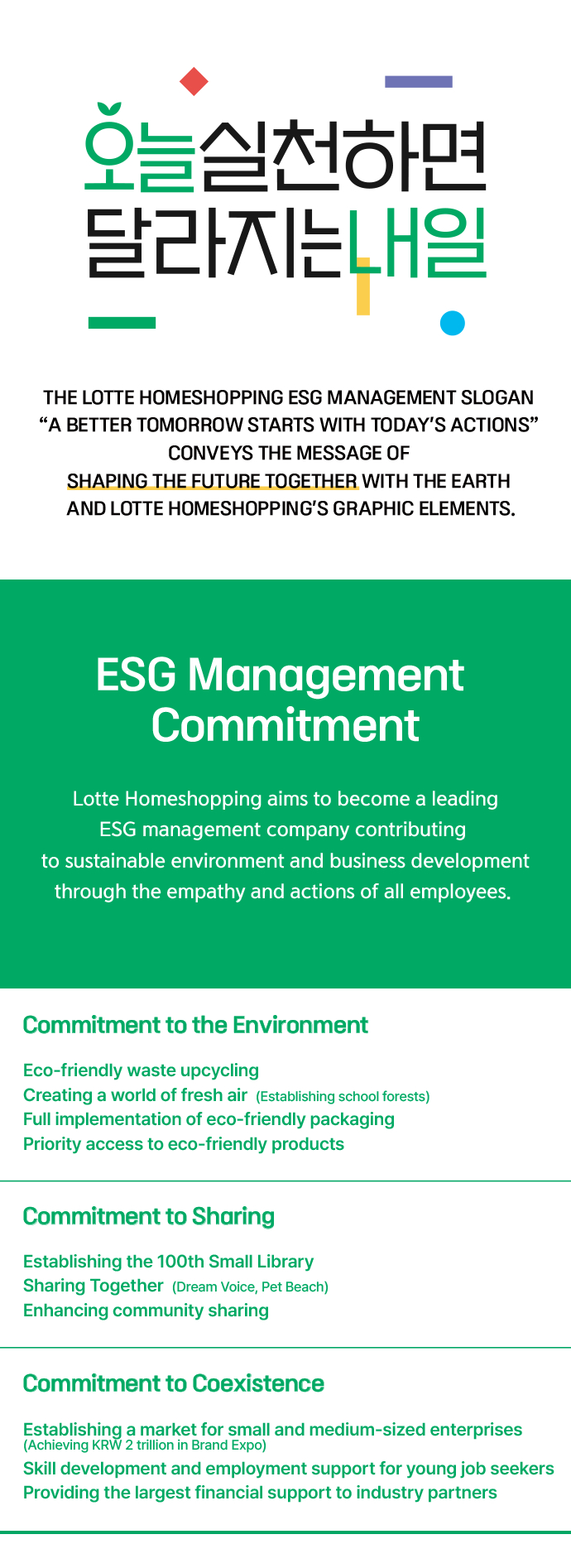 THE LOTTE HOMESHOPPING ESG MANAGEMENT SLOGAN A BETTER TOMORROW STARTS WITH TODAY'S ACTIONS CONVEYS THE MESSAGE OF SHAPING THE FUTURE TOGETHER WITH THE EARTH AND LOTTE HOMESHOPPING'S GRAPHIC ELEMENTS.